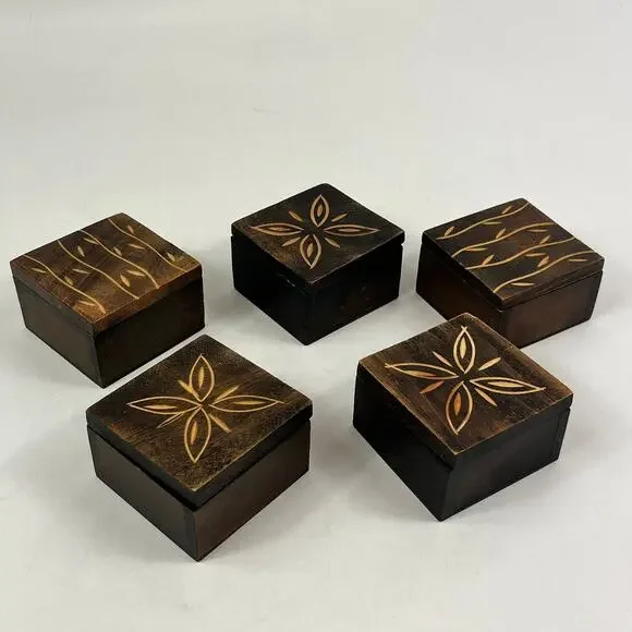 Safari Trinket Boxes Lot of 5 Vtg Hand Carved Wood Floral Vine Tribal Decor Leaf - Picture 4 of 11